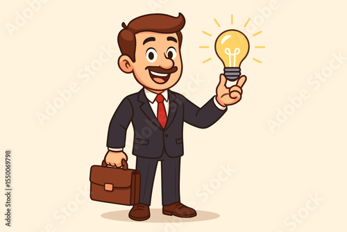 Cartoon businessman character holding a glowing lightbulb. Concept of a new idea, innovation, and business solution. Entrepreneur with a creative mind for startup success. Vector.