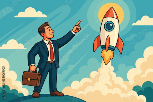 Ambitious Businessman Pointing at Rocket Launch Symbolizing Startup Success, Innovation, New Project, Vision, Business Growth, Leadership, Motivation, Entrepreneurial Ambition, Vector Illustration
