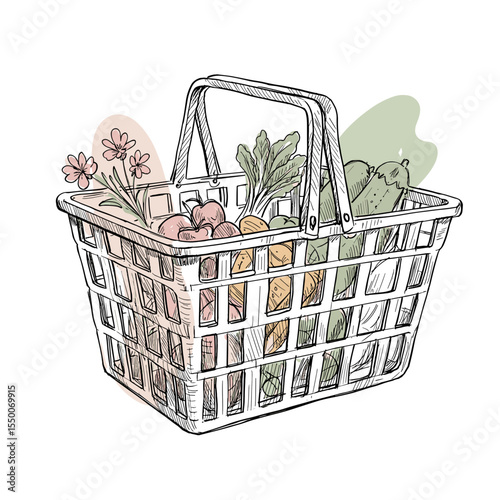 Grocery basket filled with vegetables and flowers in sketch style  