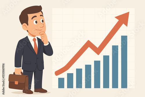 Businessman cartoon character observing financial growth on rising stock market bar chart with upward arrow, business success concept, investment and economy illustration, vector