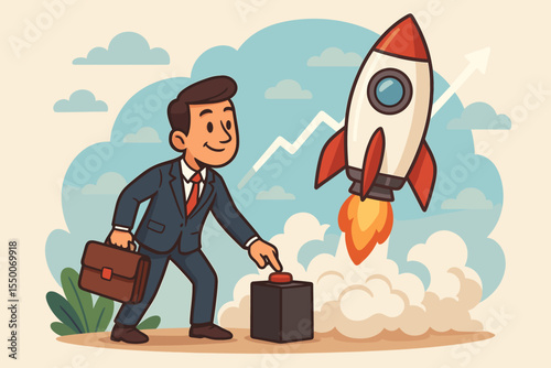 Businessman launches rocket startup, innovation, new project, success, ambition, vision, growth, business boost. Cartoon vector illustration of entrepreneur with briefcase starting creative venture.