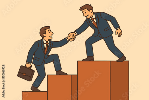 Business teamwork support concept. Businessman helping colleague climb bar graph to success. Mentorship. Career growth. Collaboration, partnership, guidance, leadership, opportunity, cartoon vector