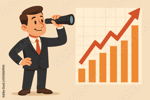 Confident Businessman Looking Through Telescope at Upward Financial Growth Chart, Stock Market Success, Investment Strategy, Rising Profits, Economic Progress, Vector Cartoon Illustration