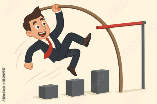 Ambitious businessman pole vaulting over growing barriers, symbolizing overcoming obstacles, business progress, leadership, personal development and success. Vector cartoon concept illustration
