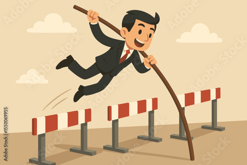 Cartoon businessman pole vaulting over red and white barriers. Overcoming obstacles, success, motivation, achievement, challenge, business growth, progress. Metaphor vector illustration.