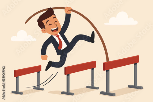Businessman pole vaulting over hurdles, overcoming obstacles, achieving success, career growth, ambitious executive, business motivation, moving forward, opportunity, leadership, cartoon illustration