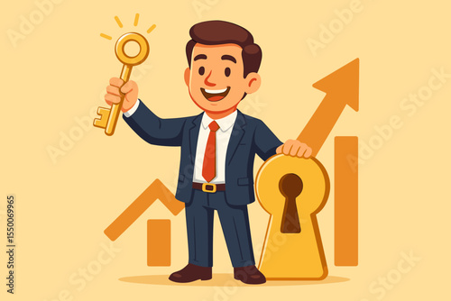 Cartoon businessman holding golden key with upward arrow and keyhole symbol, concept of success, solution, business growth, financial achievement, leadership and opportunity in career advancement