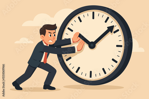 Businessman pushing clock hands backward deadline time management stress concept. Office worker fighting against time pressure. Overtime workload illustration. Productivity challenge symbol vector.