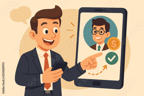 Businessman Referring Colleague on Smartphone for Affiliate Referral Program, Earning Money Bonus, Business Networking, Digital Marketing Incentive. Vector Cartoon Illustration, Mobile Promotion