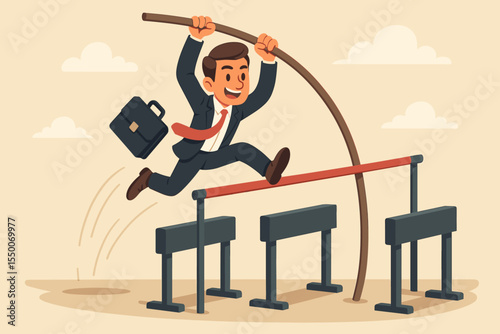 Businessman Pole Vaulting Over Hurdles Success Concept, Overcoming Challenges, Professional Career Progress, Business Obstacle Jump, Motivational Vector Illustration, Leadership Achievement