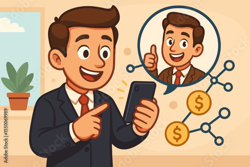 Cartoon businessman using smartphone to refer friend for affiliate referral program, earning cash rewards, network marketing, business partnership, digital advertising, office interior illustration