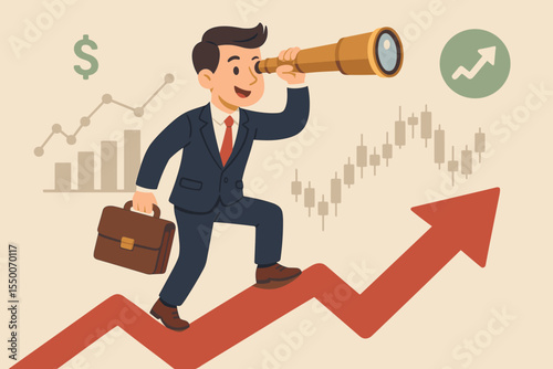 Businessman searching financial growth investment opportunities with telescope. Climbing rising arrow graph. Market analysis, future forecast, stock trading, success strategy, vector illustration