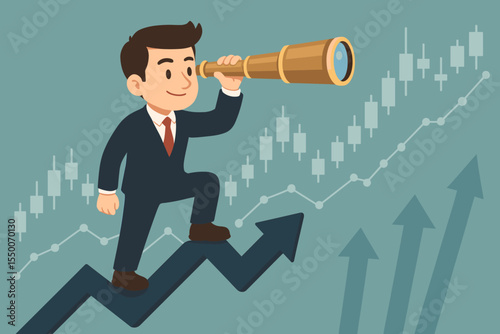 Businessman in suit using telescope to search for investment opportunities, financial market growth, stock trading, future planning, upward arrows, candlestick chart, vector illustration
