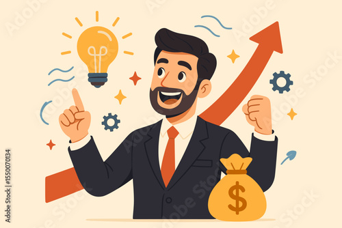 Happy businessman with creative idea lightbulb, financial growth arrow, and money bag. Success, innovation, achievement, inspiration, profit, motivation, business concept vector illustration