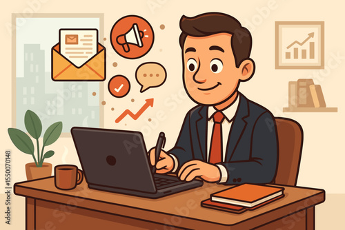 Businessman writing email for digital marketing in office. Cartoon vector illustration of professional man at desk with laptop, coffee, analytics, email, megaphone, speech bubble, growth chart