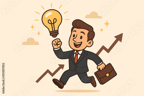 Cartoon businessman jumping with light bulb idea, creative thinking, business success, innovation, growth, professional achievement, leadership concept, upward arrow, vector illustration