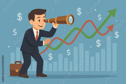 Businessman looking through telescope searching for investment opportunities, market analysis, financial growth, rising graph, profit forecast, success, business strategy, dollar signs illustration