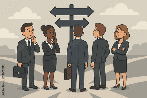 Business team at crossroads choosing direction. Corporate decision making, leadership challenge, career path, uncertainty, teamwork meeting. Vector illustration, business planning concept