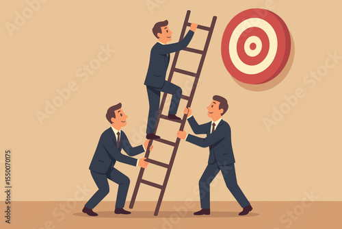 Businessmen teamwork climbing ladder to target goal, achieving success together, cooperation, support, leadership, partnership, business strategy, reaching objectives, vector illustration