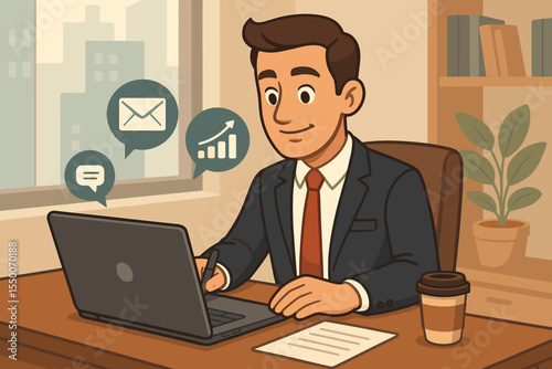 Cartoon businessman in suit working at desk with laptop, writing, coffee cup, city office, email notification, business communication, productivity, digital marketing, workplace success, vector