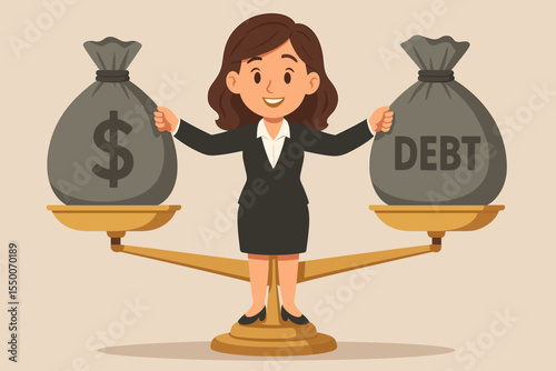 Businesswoman balancing money and debt bags on golden scale. Finance management, income versus liability, budget planning, money control, economic strategy, cartoon vector illustration concept