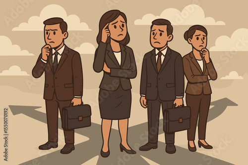 Businesspeople at Crossroads Making Difficult Decisions Concept. Teamwork, Leadership, Uncertainty, Opportunity, Career Choices, Direction, Challenges, Corporate Strategy Vector Illustration