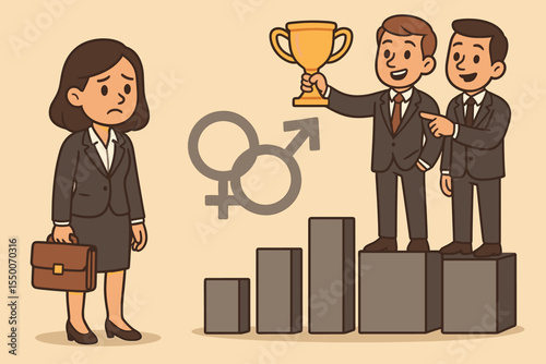 Workplace gender inequality vector illustration. Businesswoman overlooked as male colleagues receive recognition and career advancement. Gender discrimination, career gap, unfair work environment.