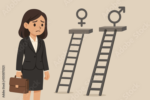 Businesswoman facing workplace gender inequality and discrimination, unequal career advancement, glass ceiling, opportunity gap, female professional barriers, corporate ladder vector illustration