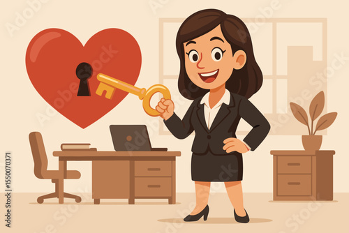 Ambitious businesswoman unlocking heart with golden key in modern office, passion for success, motivation, leadership, workplace inspiration, empowerment, cartoon vector illustration