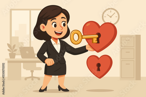 Businesswoman unlocking heart with golden key in office, metaphor for leadership, passion, emotional intelligence, motivation, workplace relationships, vector cartoon illustration