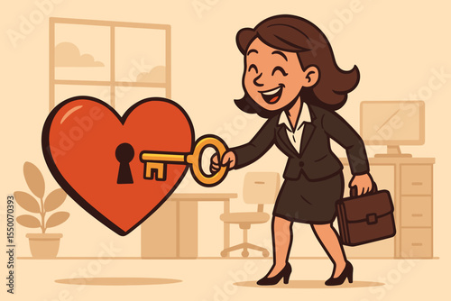 Businesswoman unlocking heart with key in office, passion for career, motivation, leadership, cartoon vector, female professional, emotional intelligence, workplace inspiration