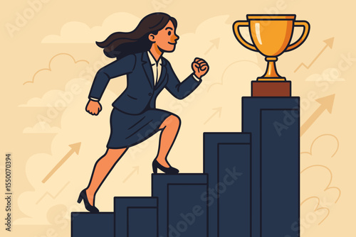 Ambitious businesswoman climbing career ladder towards trophy, success achievement, workplace empowerment, leadership, motivation, growth, professional advancement, vector cartoon illustration