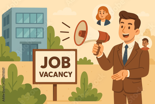 Company Hiring New Employees Announcement with HR Manager Using Megaphone, Job Vacancy Recruitment, Business Opportunity, Human Resources Cartoon Vector Illustration