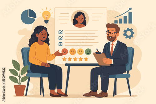 Employee Performance Review Meeting, Human Resources Evaluation, Interview Feedback, HR Manager and Worker Discussion, Job Assessment, Five Star Rating, Cartoon Vector Illustration