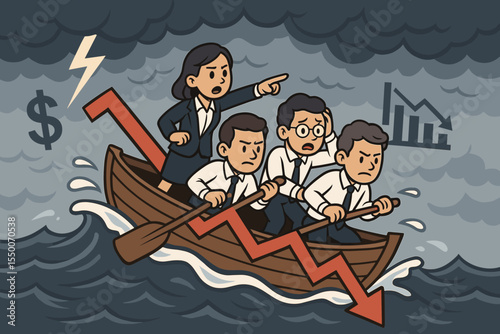 Business Team Rowing in Stormy Seas, Navigating Financial Crisis and Economic Downturn, Declining Graph, Leadership, Overcoming Challenges, Risk Management, Concept Vector Illustration