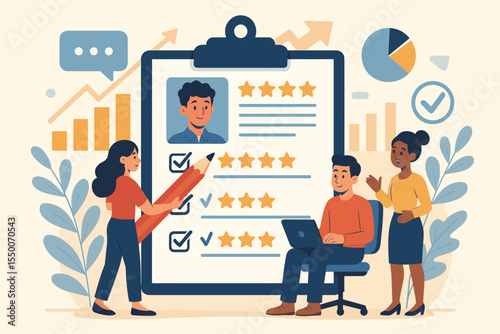Employee Performance Evaluation Concept. HR Team Feedback, Professional Assessment, Five Star Rating, Teamwork, Office Review Process, Business Analysis, Career Appraisal, Vector Illustration