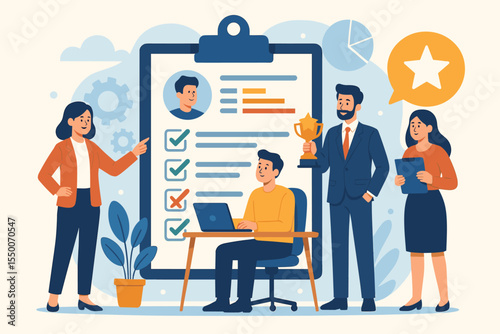 Employee Performance Evaluation and Feedback Concept. Office Team HR Appraisal, Staff Assessment, Recognition, Achievement, Recruitment. Business People and Manager Review. Vector Illustration