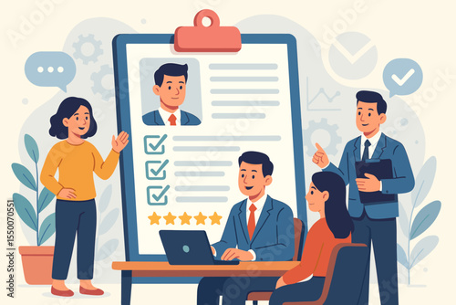 Employee Performance Evaluation Meeting, Team Feedback and Assessment, Job Interview, Professional Review, HR Management, Office Collaboration, Candidate Resume, Vector Illustration