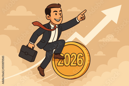 Ambitious businessman riding gold coin marked 2026, pointing upward, symbolizing financial growth, future business success, economic forecast, profit, investment, progress, leadership cartoon vector