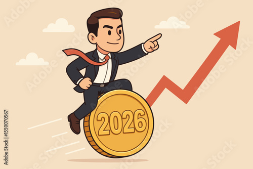 Confident businessman in suit riding gold coin labeled 2026, forecasting financial growth and economic success, upward arrow, future business investment, cartoon vector illustration
