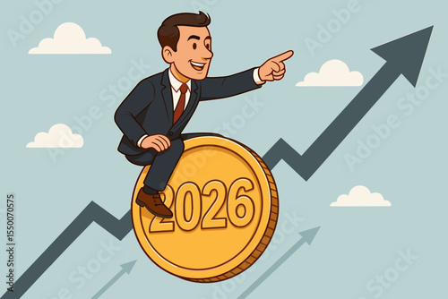 Confident businessman in suit riding large gold coin marked 2026, pointing forward, symbolizing economic growth, financial forecast, business success, and investment trends, upward arrow background