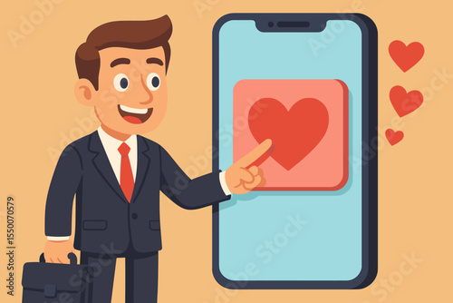 Businessman Touching Love Button on Smartphone App, Social Media Likes, Online Friendship Connection, Digital Networking, Cartoon Vector Illustration for Communication and Relationships