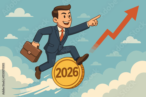 Confident businessman riding gold coin labeled 2026, pointing upward as red arrow graph rises, symbolizing financial growth, economic forecast, business success, future investment, cartoon vector