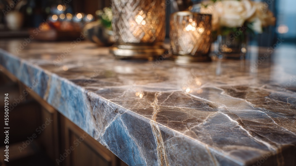 Fototapeta premium Rich blue marble countertop showcases intricate veining and reflects warm candle light. Flowers and decorative items enhance the elegant atmosphere of this stylish interior.