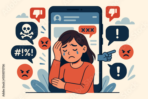 Cyberbullying and Online Harassment on Social Media Vector. Sad Girl Surrounded by Angry Comments, Threats, Hate Speech, Negative Emoji, Digital Abuse, Bullying, Smartphone, Internet Danger Concept