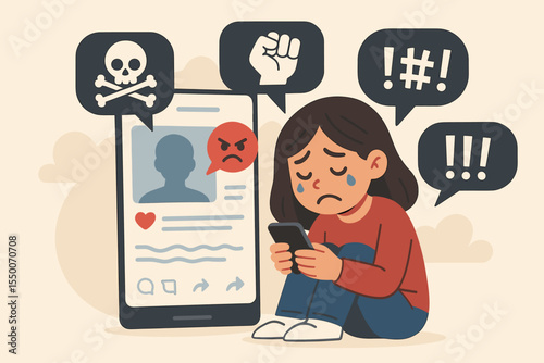 Sad girl crying from online bullying, social media harassment, cyberbullying messages, hate speech, threats, and abuse. Vector cartoon illustration of mental health impact on children and teens