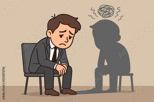 Sad office worker depression anxiety stress. Businessman mental health burnout. Shadow silhouette symbolizes negative thoughts. Concept emotional crisis illustration. Workplace sadness vector