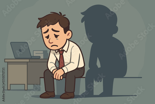 Sad office worker with dark shadow, workplace depression, anxiety, stress, mental health issues, business burnout, loneliness concept. Vector cartoon illustration of emotional struggle at work desk