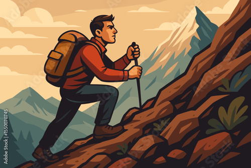 Determined hiker climbing steep mountain slope with backpack, hiking stick, overcoming obstacles, adventure success, peak achievement, outdoor exploration, achievement motivation, vector illustration
