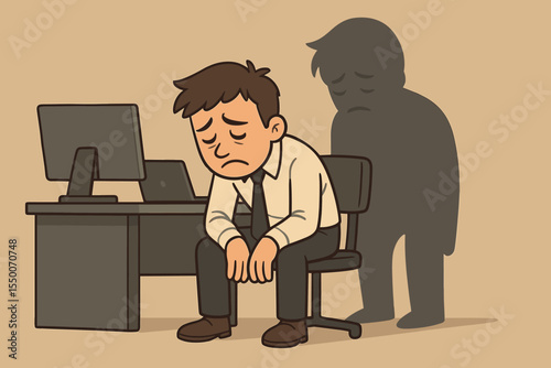 Sad office worker with depression shadow, workplace stress, anxiety, burnout, mental health crisis, unhappy employee at desk, emotional exhaustion, psychological pressure, vector illustration